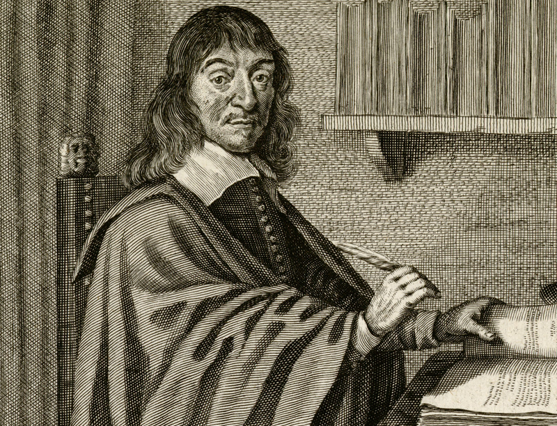 Portrait de Descartes assis à son bureau, gravure au burin, entre 1640 et 1700.