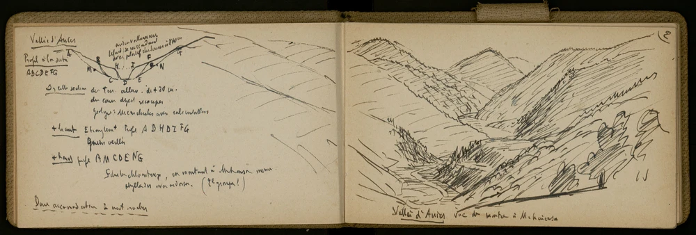 Double page du carnet qui présente un dessin détaillé au crayon noir d’un panorama de la Vallée d’Anies, vue lors de la montée à Mihaicasa. Le dessin montre une variété de caractéristiques géographiques, y compris des montagnes, des vallées et des arbres.