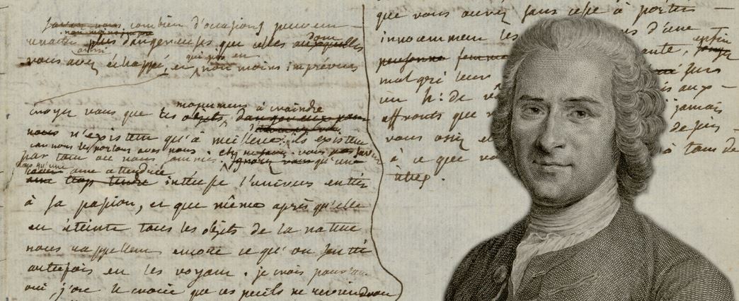 Portrait gravé de Rousseau sur un fond de manuscrit de la Nouvelle Héloïse