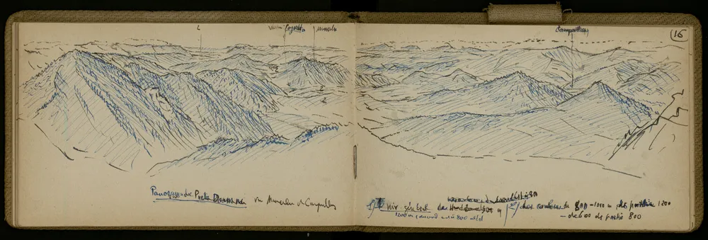 Une double page du carnet [16] présente un panorama détaillé de Petr. Doamnei vers Muncelu et Câmpulung, dessiné à la main. Le dessin montre une variété de caractéristiques géographiques, y compris des montagnes, des vallées et des arbres.