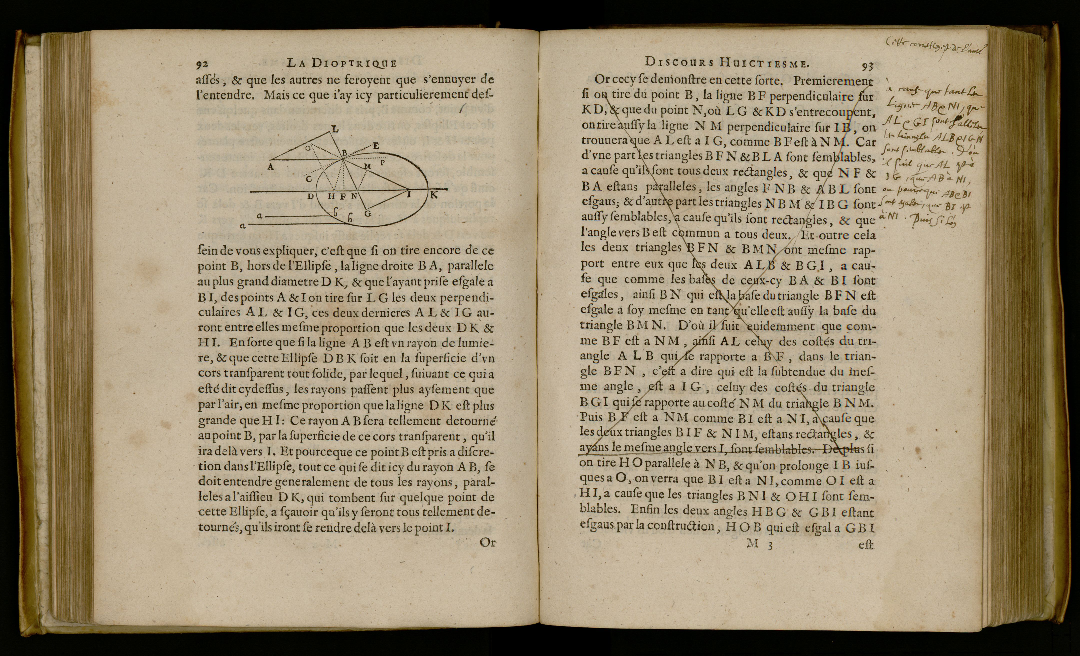 René Descartes (1596-1650). Discours de la methode pour bien conduire sa raison, & chercher la verité dans les sciences. Plus la Dioptrique. Les Meteores. Et la Geometrie. Qui sont des essais de cete methode. Leyde : Jan Maire, 1637. 78-[1-1 bl.]-413-[35] p. : ill. ; in-4.