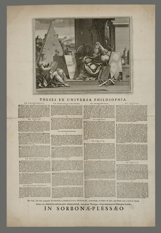 Affiche comprenant une gravure représentant deux allégories féminines accompagnées de globes, instruments de mesure et livres, et un texte imprimé. 