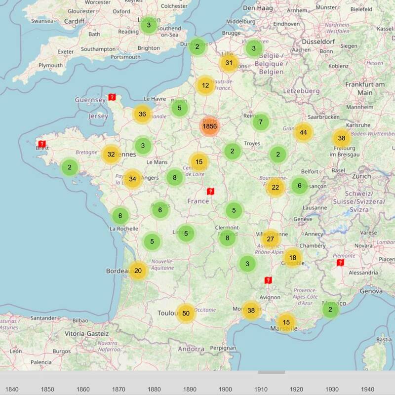 Carte de France indiquant le nombre de thèses imprimées par ville