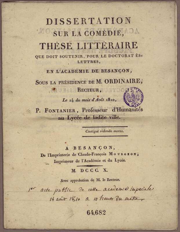 Page de titre avec un texte en français et un tampon de la bibliothèque de Besançon