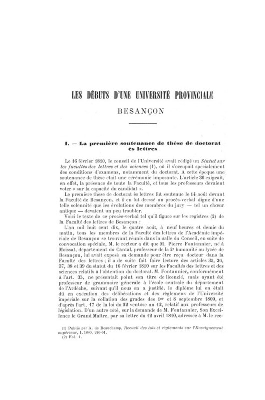 Première page d'un texte imprimé décrivant la première soutenance de thèse de doctorat ès lettres