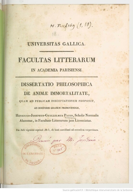 Page de titre d'une thèse latine comprenant un tampon de la Bibliothèque de l'université de France 