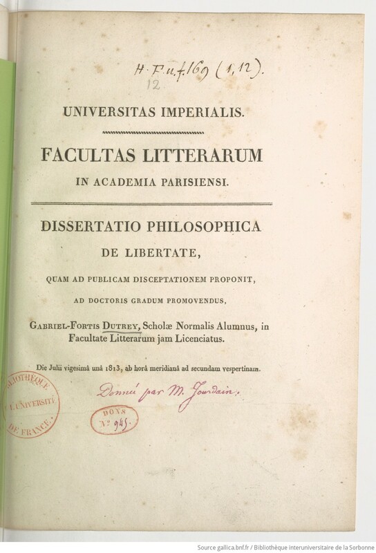 Page de titre d'une thèse latine comprenant un tampon de la Bibliothèque de l'université de France 