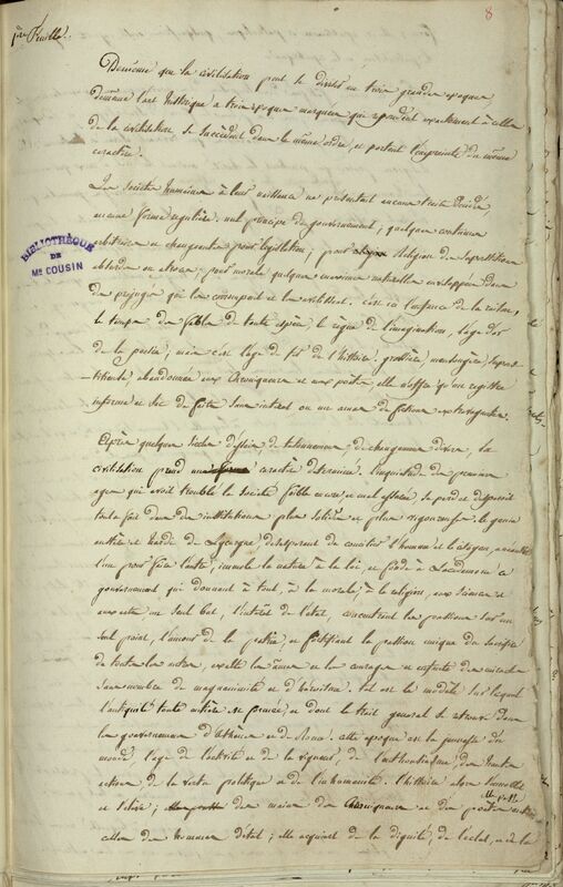Page comprenant un texte manuscrit et un tampon indiquant "Bibliothèque de Mr Cousin"