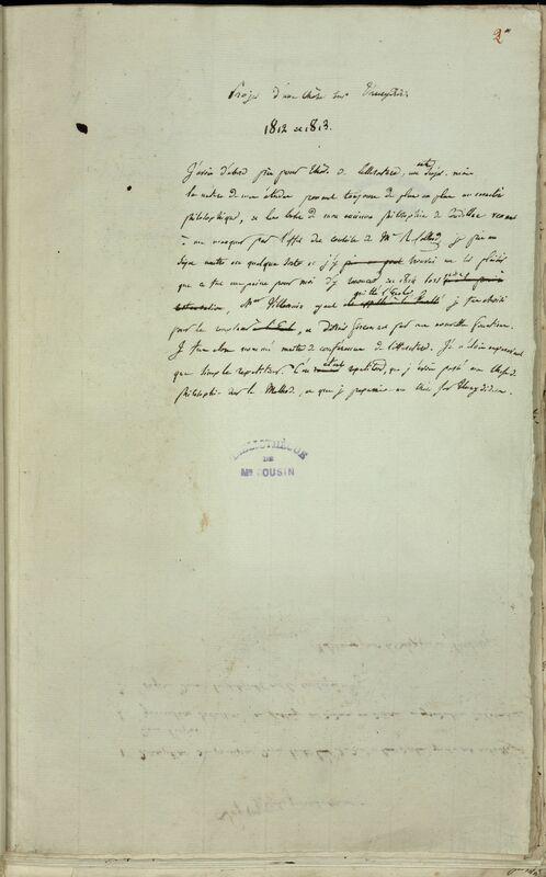 Page manuscrite intitulée "Projet d'une thèse sur Thucydide" et portant un tampon indiquant "Bibliothèque de Mr Cousin"