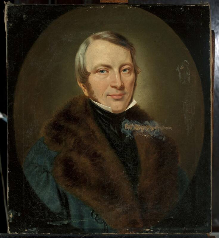 Tableau à l'huile présentant un homme blond aux yeux bleus vêtu d'un manteau de fourrure