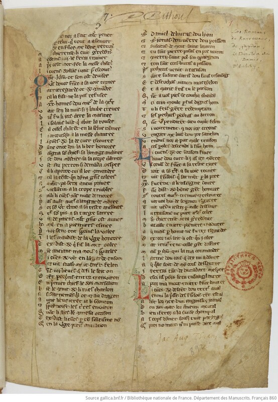Texte manuscrit en français médiéval sur deux colonnes avec un tampon rouge indiquant Bibliotheca regia