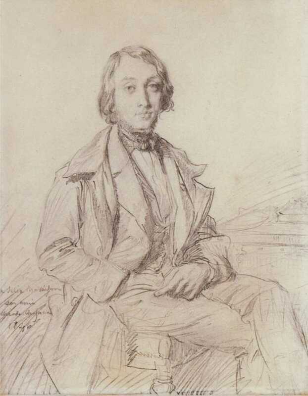 Dessin au graphite d'un homme assis vêtu à la mode du milieu du XIXe siècle