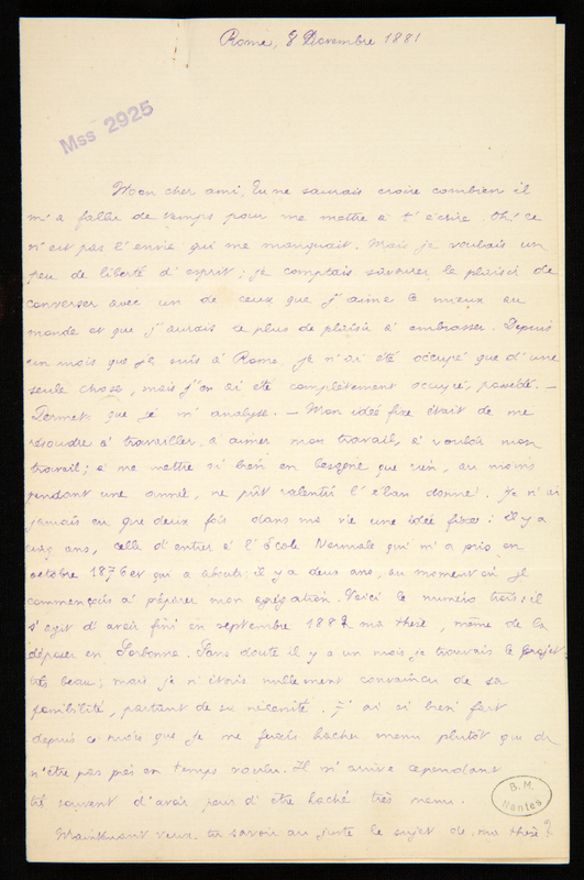 Première page d'une lettre manuscrite à l'encre bleue portant un tampon B.M. Nantes