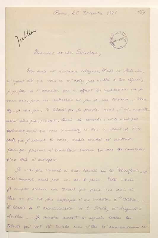 Première page d'une lettre manuscrite à l'encre bleue portant un tampon noir Institut de France