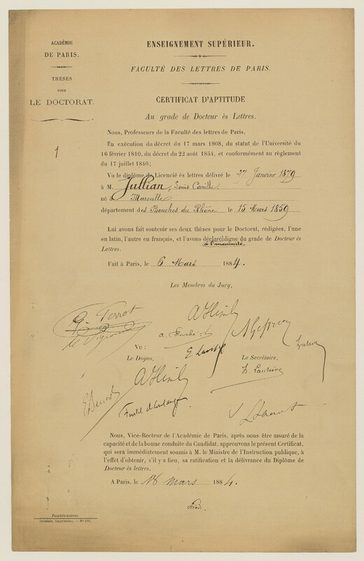 page imprimée avec en-tête de la Faculté des Lettres de Paris et signatures des membres du jury