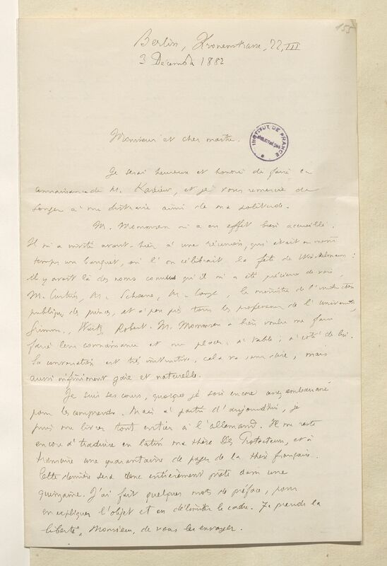 Première page d'une lettre manuscrite à l'encre noire portant un tampon noir Bibliothèque Institut de France