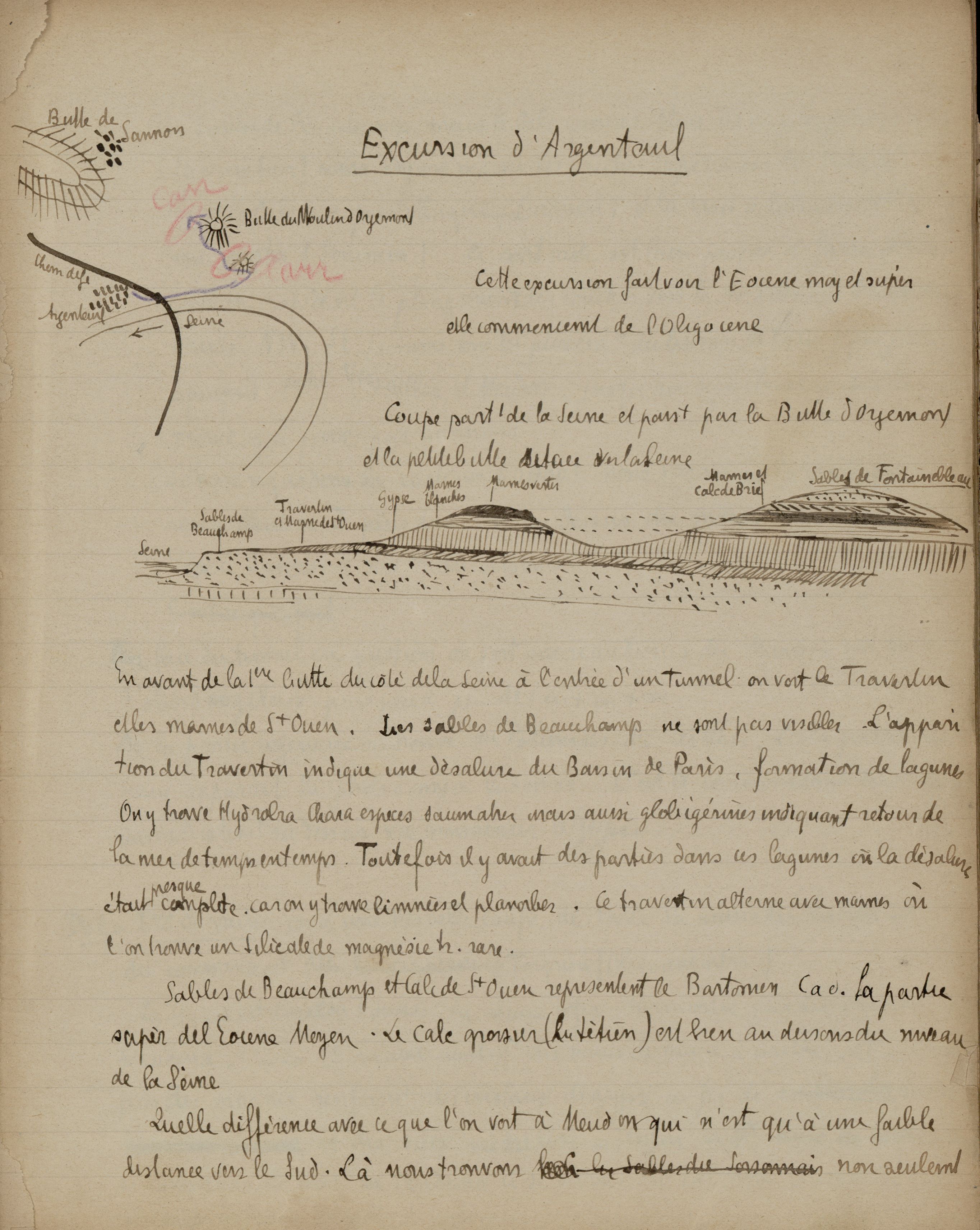 « Excursion d’Argenteuil » : page extraite du cahier d’« Excursions géologiques et botaniques autour de Paris » d’Emmanuel de Martonne, 1896.